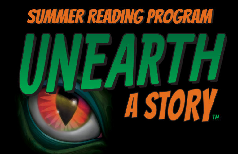 Unearth a Story Summer Reading Program with large dinosaur eye looming from a black background