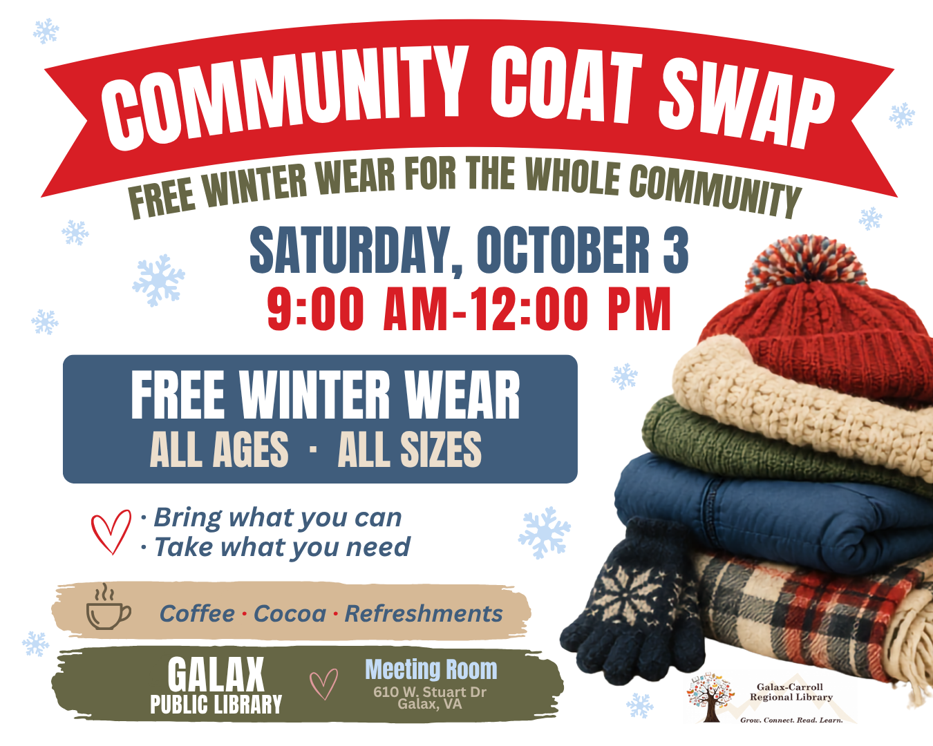 Coat Swap at Galax Public Library. Bring a gently used coat or winter item and swap it for something you need. Saturday, September 19, 10 a.m.–12 p.m. Free and open to all. See the post text for full details and guidelines.