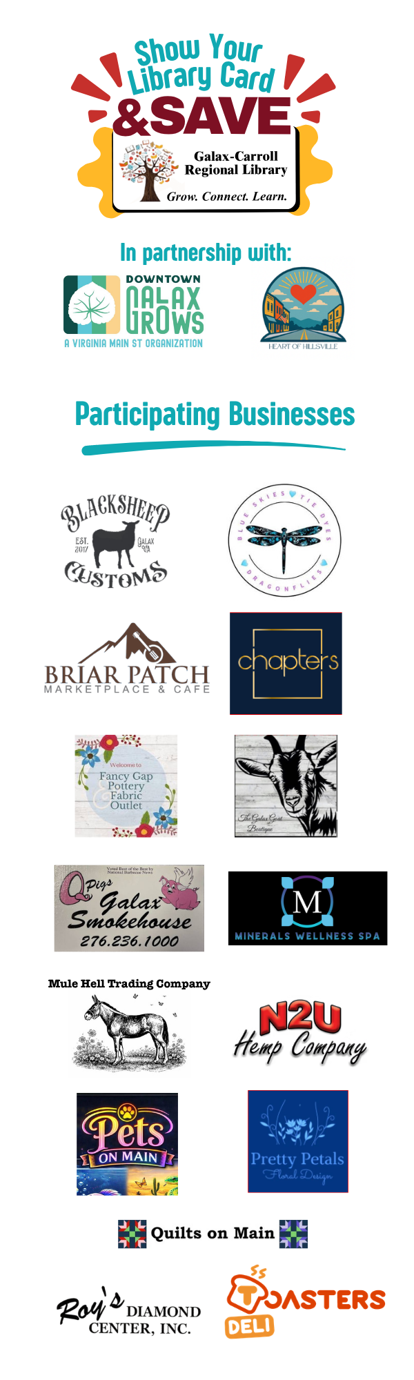 Show Your Library Card and Save Logo with Participating Business Logos