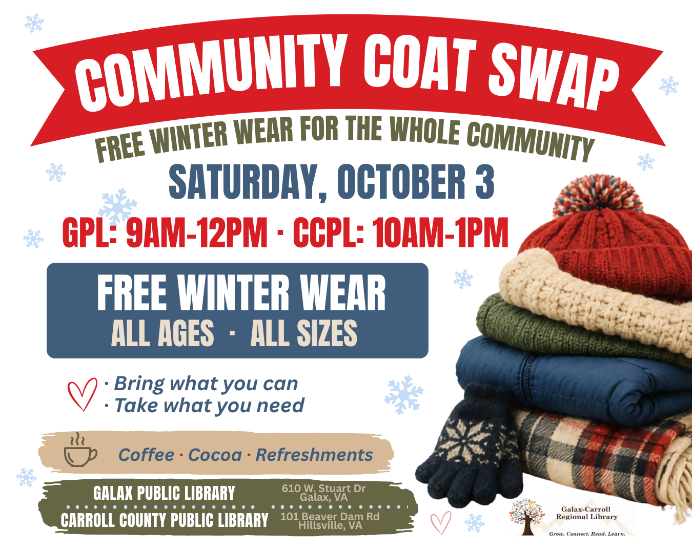 Coat Swap at Galax Public Library. Bring a gently used coat or winter item and swap it for something you need. Saturday, September 19, 10 a.m.–12 p.m. Free and open to all. See the post text for full details and guidelines.