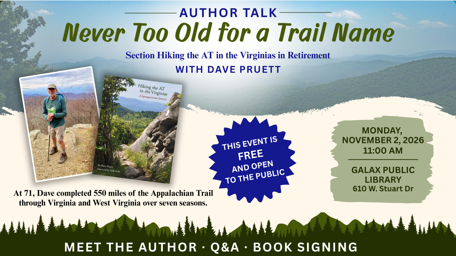 Never Too Old for a Trail Name Author Talk with Dave Pruett November 2, 2026 at 11am