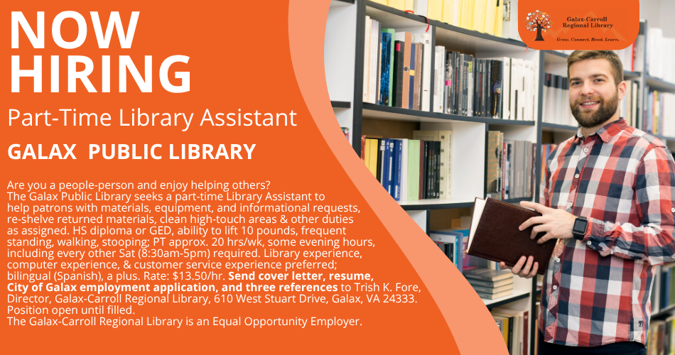 Hiring ad for Part Time Library Assistant at GPL