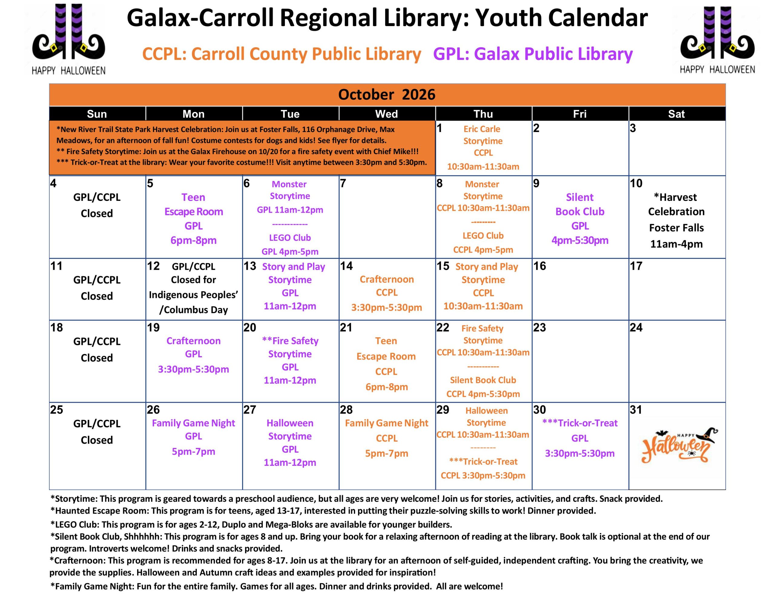 October Youth Calendar
