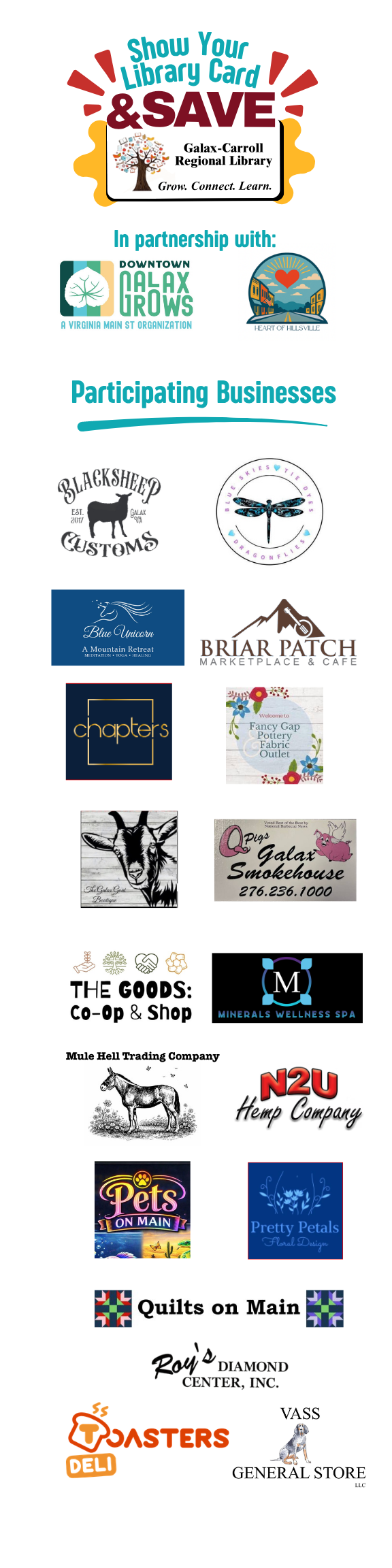 Show Your Library Card and Save Logo with Participating Business Logos